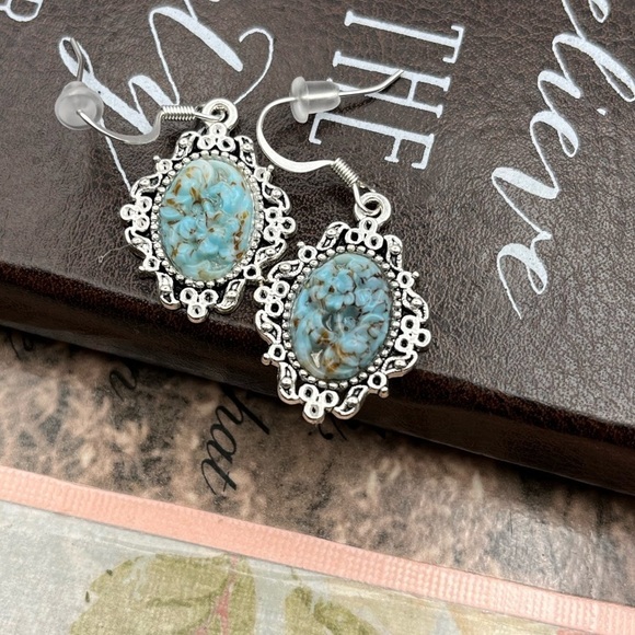 Vintage Carved Spotted Turquoise Resin Oval Cabochons Steel Dangle Earrings - Picture 5 of 7